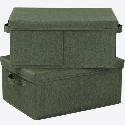 HOONEX Storage Bins with Lids for Organizing, Pack of 2, Storage Boxes with 2 Carrying Handles and Sturdy Heavy Cardboard, 16.5" L x 11.8" W x 7.5" H for Shoes, Books, Clothes, Olive