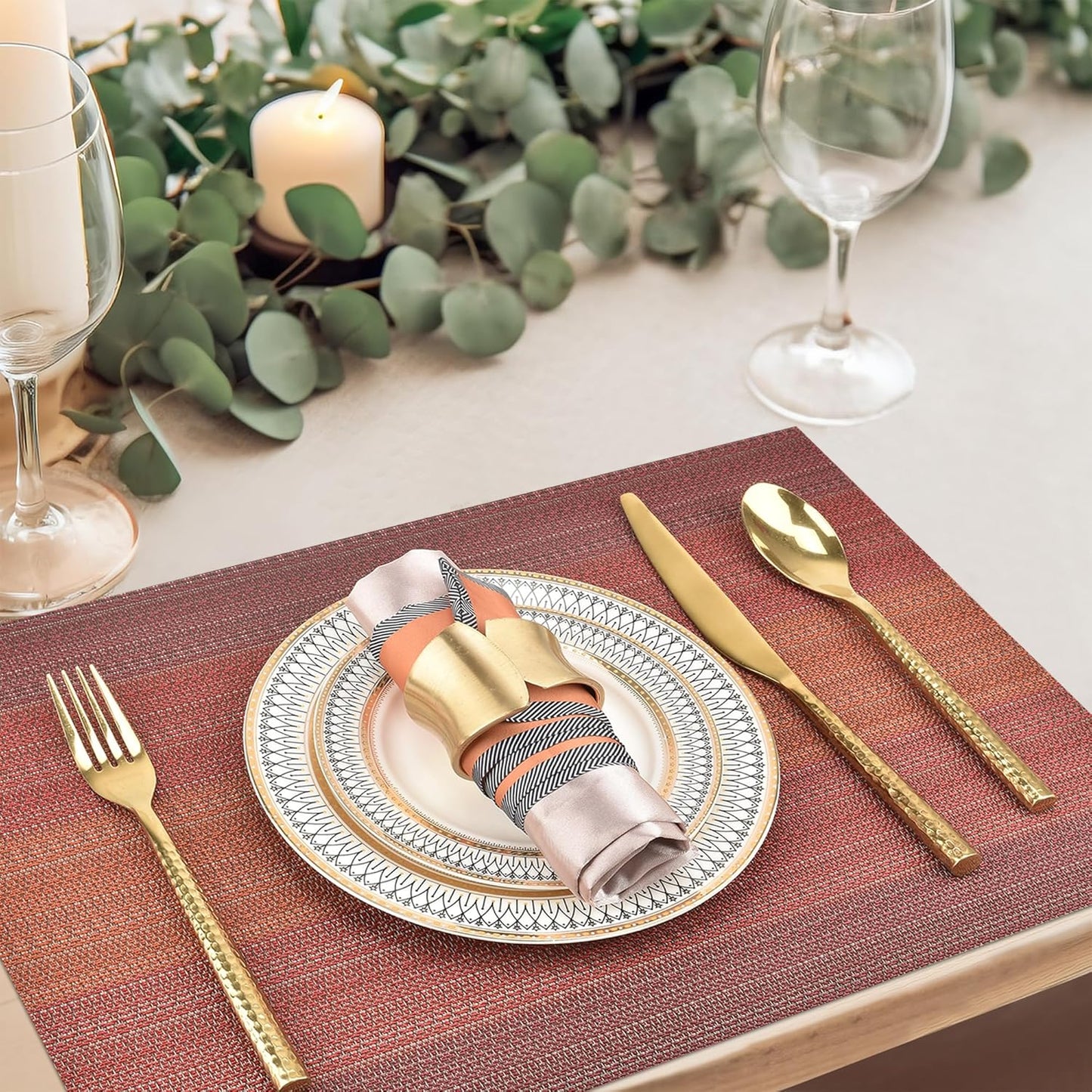 Placemats Set of 4 - Easy Clean Washable Vinyl Placemats - Wipeable Heat Resistant Table Mats for Dining Table - 17.7x11.8 Inch (4, Red Gradient)