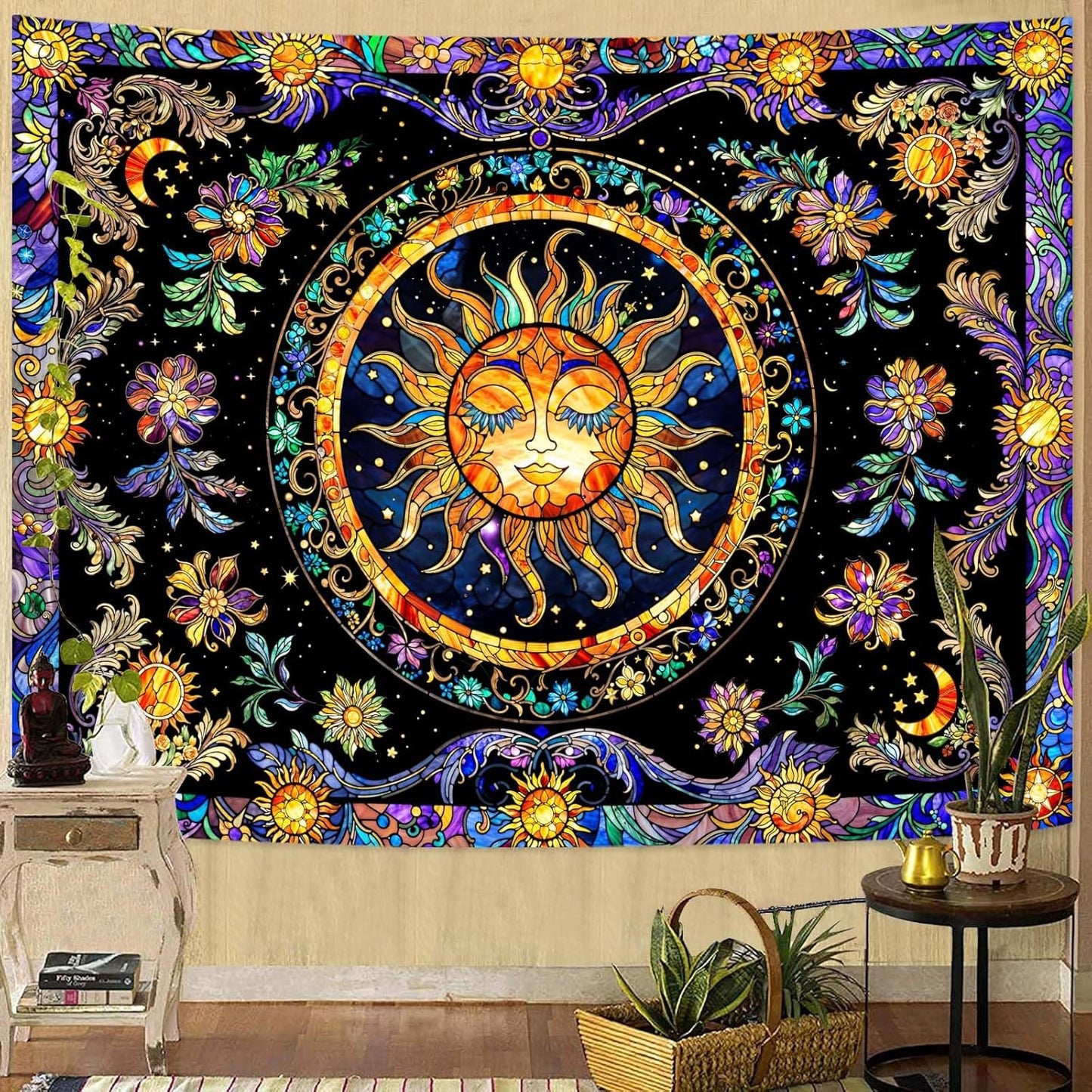 Lunerfex Sun Tapestry Stained Glass Tapestry Wall Decor Tapestries for Bedroom Boho Tapestries Wall Hanging for Bedroom Living Room Glass-Sun-01 70"x90"
