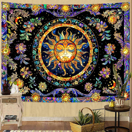 Lunerfex Sun Tapestry Stained Glass Tapestry Wall Decor Tapestries for Bedroom Boho Tapestries Wall Hanging for Bedroom Living Room Glass-Sun-01 70"x90"