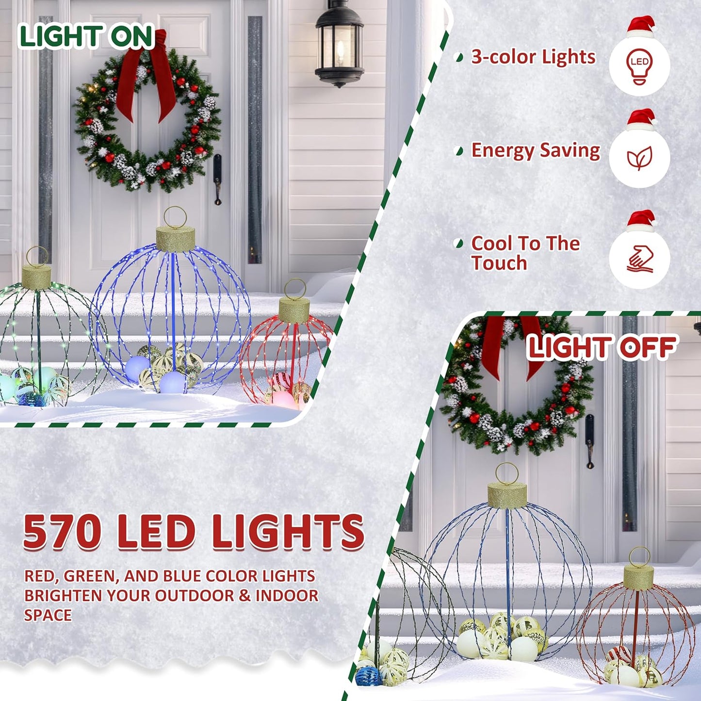 Outdoor Christmas Decorations, Set of 3 Lighted Christmas Ball Ornaments with 570 LED Lights, 6 Ground Stakes, Included 20 Small Plastic Xmas Ball Ornaments for Holiday Decor Yard