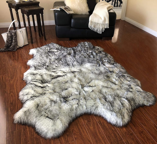 LAMBZY Faux Sheepskin Super Soft Free Shape Silky Shag Rug, Luxury Shaggy Silky Plush Carpet for Bedrooms Rugs Living Room Sofa Floor Rugs (4 Pelts 4'x6', 120cm X 180cm White with Black Tips)
