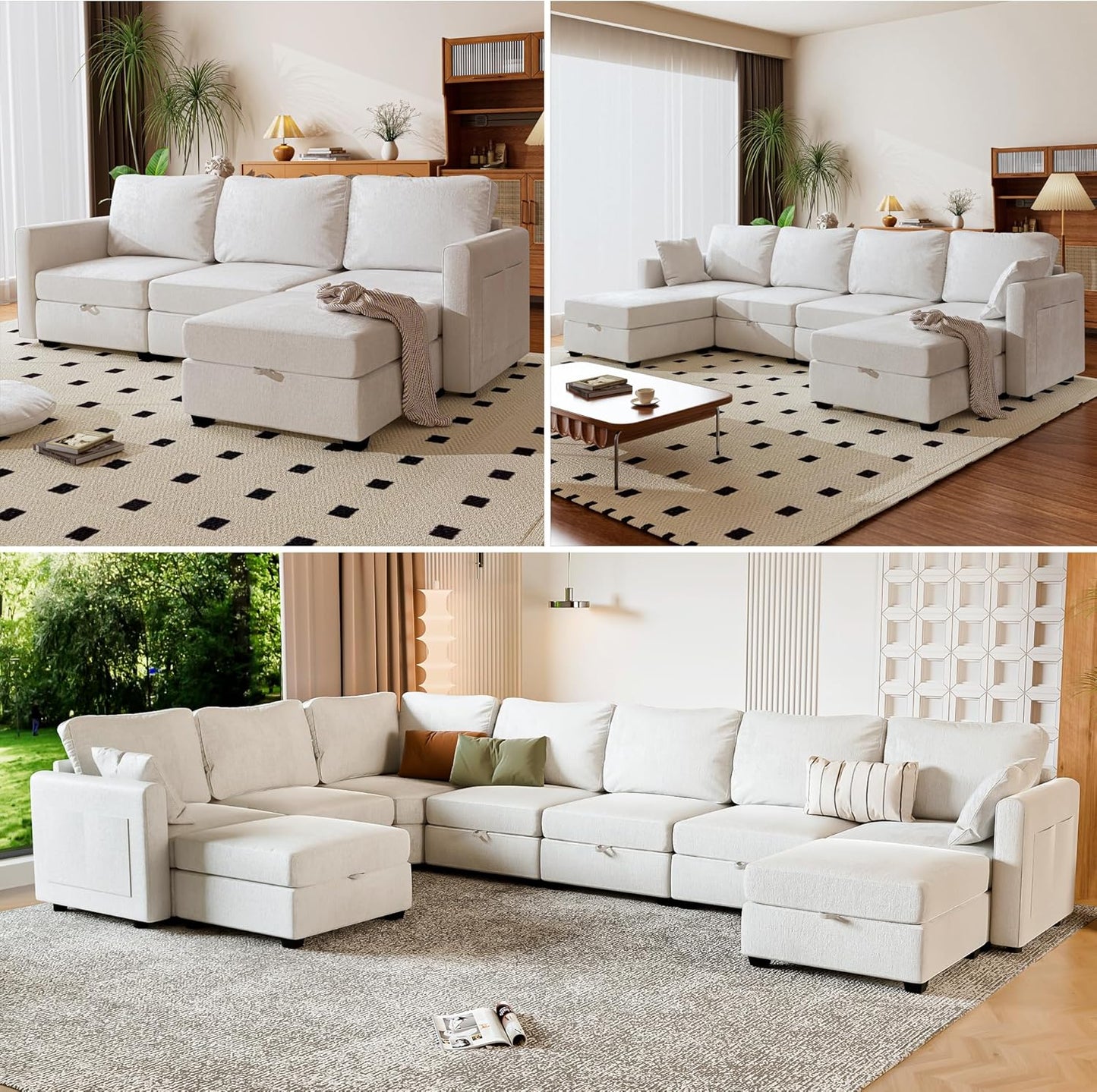 mestyl Modular Sectional Sofa Convertible Sofa Couch Set with Storage for Living Room, Modern 3 Seater Modular Sectional Couch (Beige)