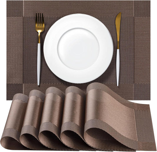 Placemats Set of 8 - Easy Clean Woven Vinyl Placemats for Dining Table, Indoor/Outdoor Place Mats, Washable PVC Table Mats（Brown Cube）