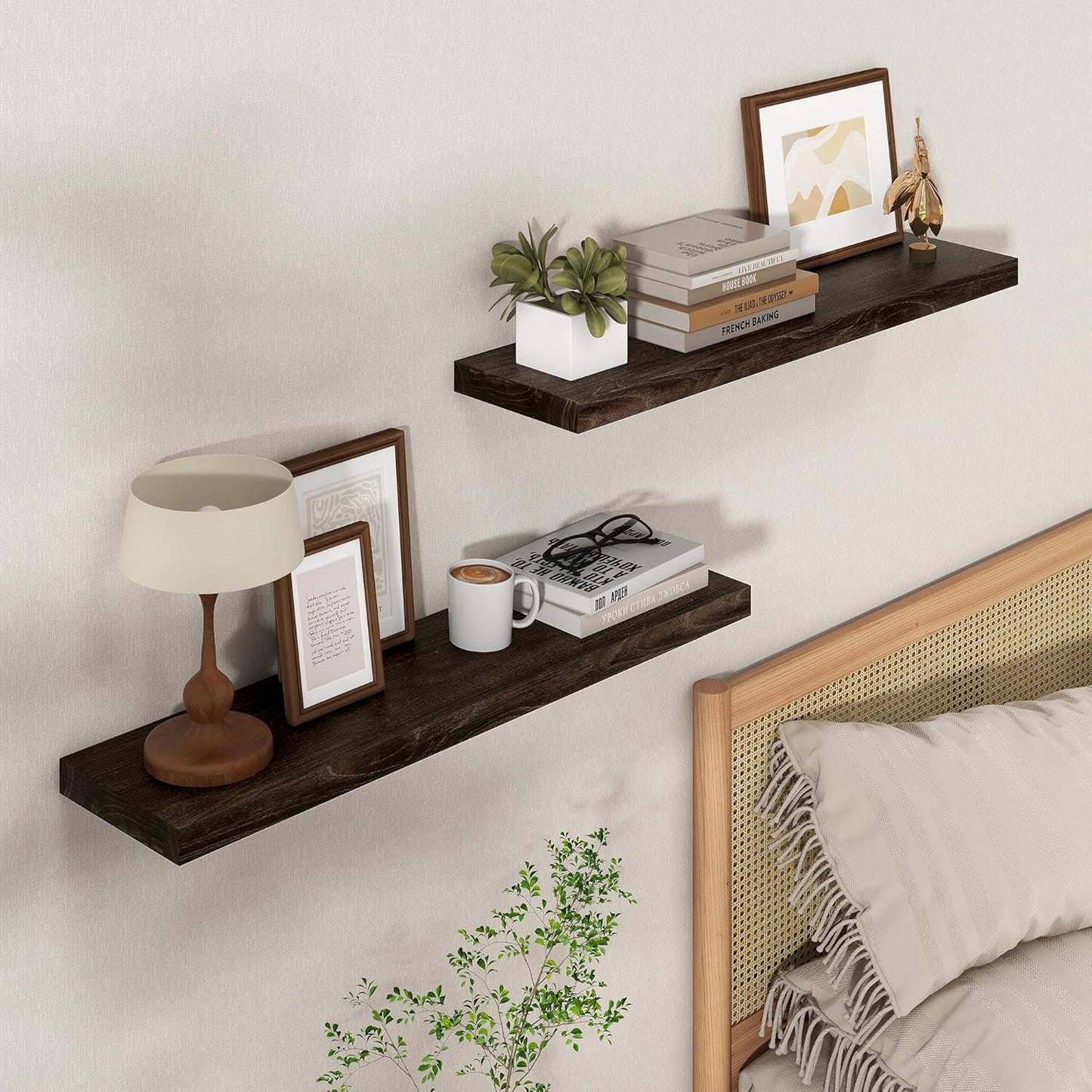 Axeman Floating Shelves for Wall - 32''W x 8'' D Rustic Solid Elm Wood Shelves for Storage, Wall Mounted Display Shelving with Invisible Heavy-Duty Metal Bracket (Walnut, 2PCs)