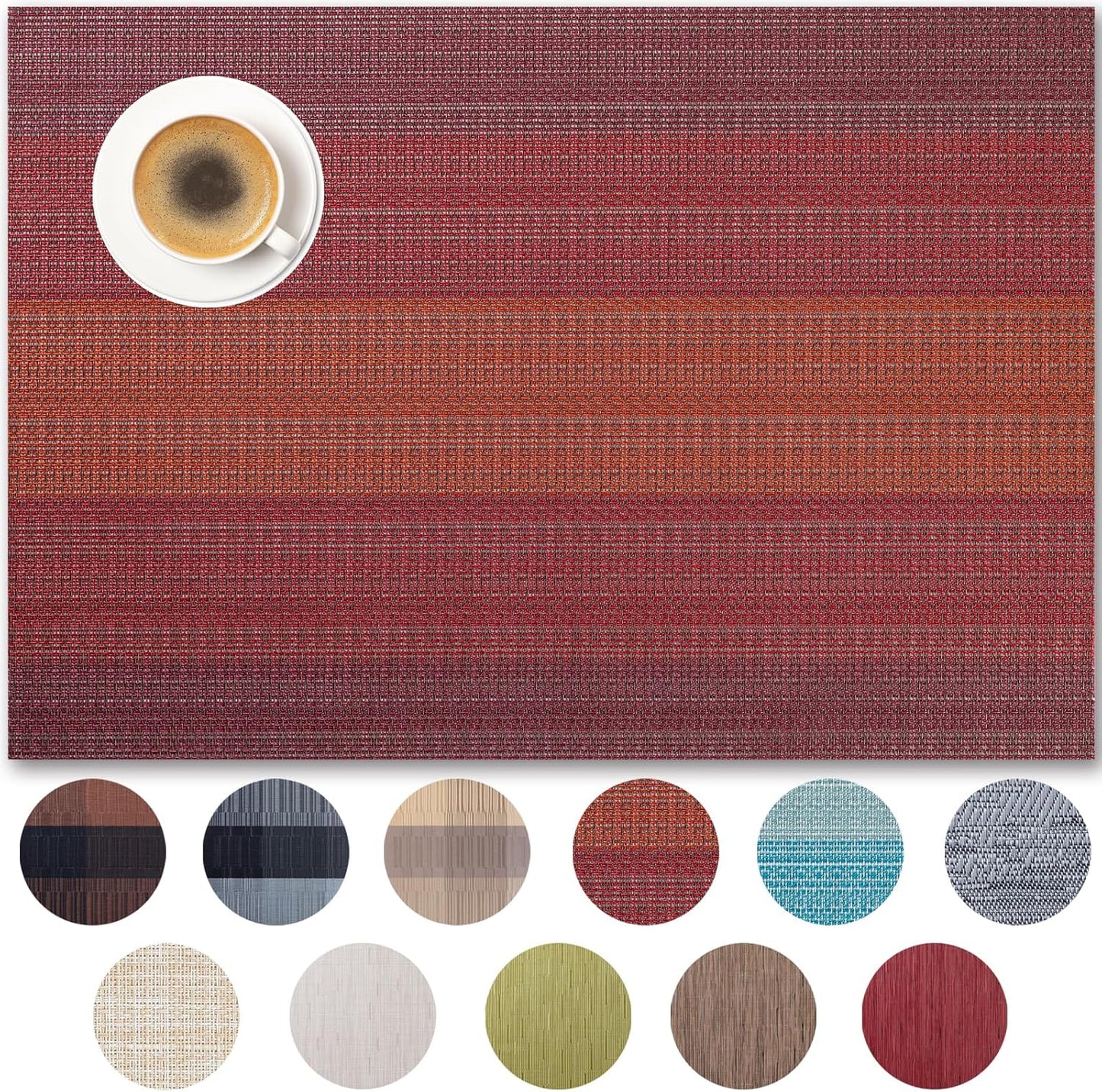 Placemats Set of 6 - Easy Clean Woven Vinyl Placemats for Dining Table, Indoor/Outdoor Place Mats, Washable PVC Table Mats（Pomegranate Parade）