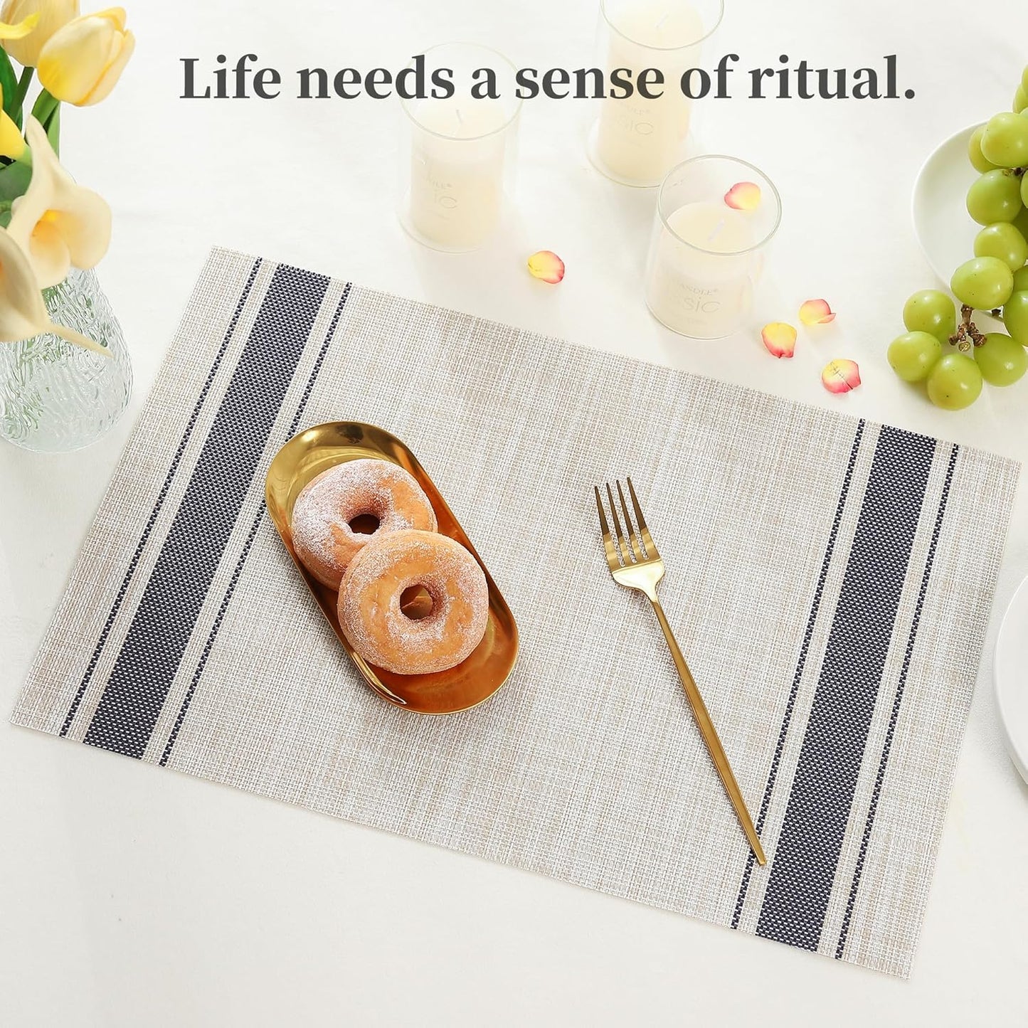 Leetaltree Khaki-Blue Placemats, Heat Resistant Non-Slip Place mats for Dining Table, Washable Durable PVC Vinyl Woven Table Mats (Set of 4)