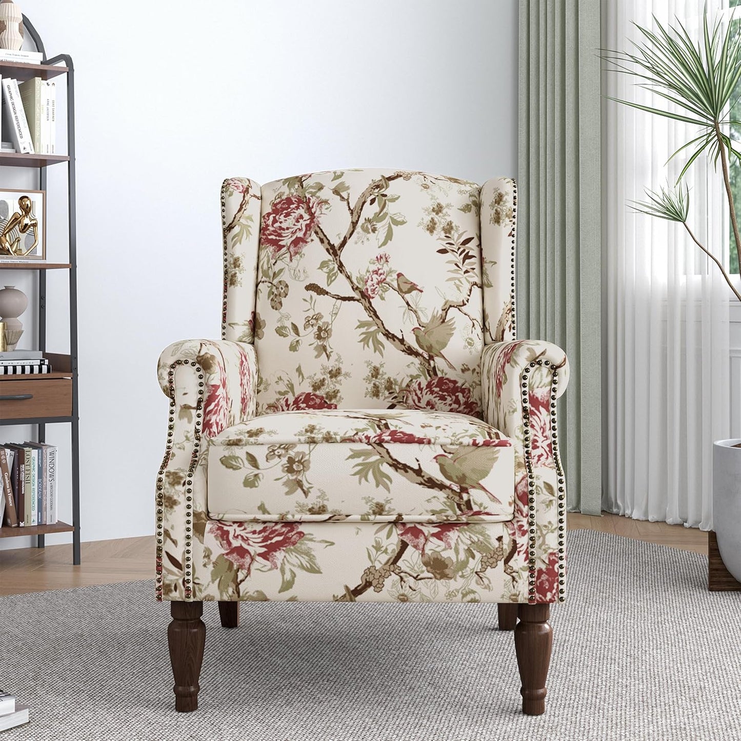Lumibee Wingback Accent Chair,High Back Floral Armchairs in Fabric,Comfy Upholstered Reading Single Sofa Chair with Solid Wood Legs for Living Room,Bedroom,Office-Floral Beige