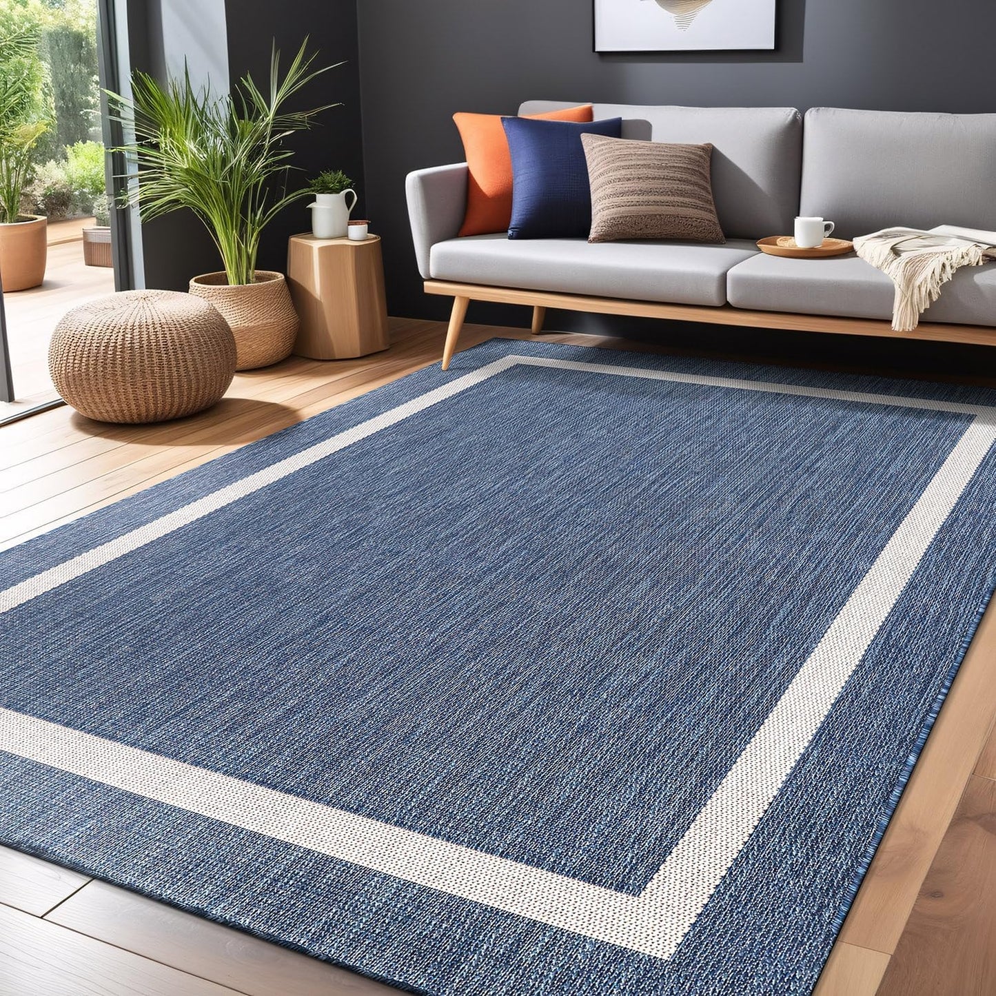 Bordered Outdoor Rug 9x12 Washable Outside Carpet for Indoor Patio Porch Waterproof Easy Cleaning Non Shedding Area Rugs Blue 9 x 12