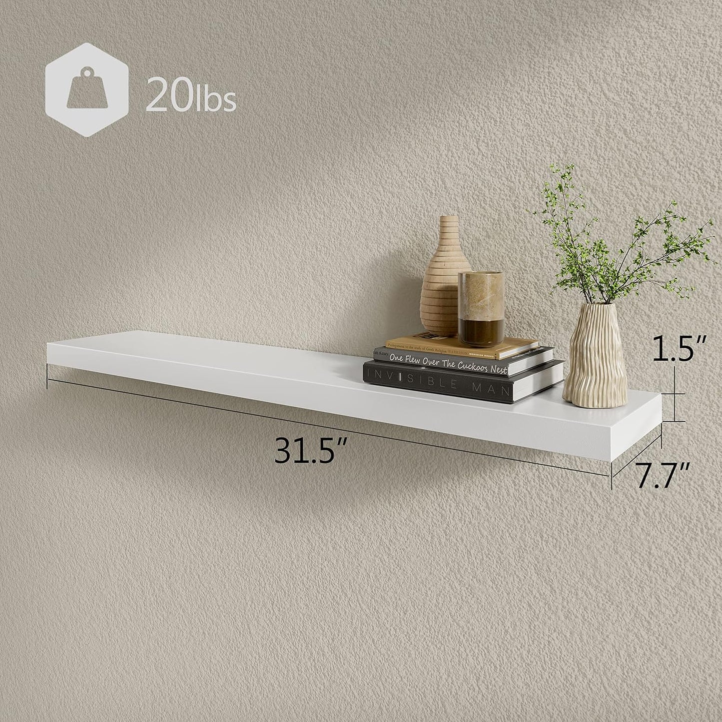 BAMEOS Floating Shelves,31 in W White Wall Mounted Wooden Shelves with Invisible Brackets Set of 2, Hanging Wall Shelves Decoration for Bedroom, Bathroom, Living Room and Kitchen