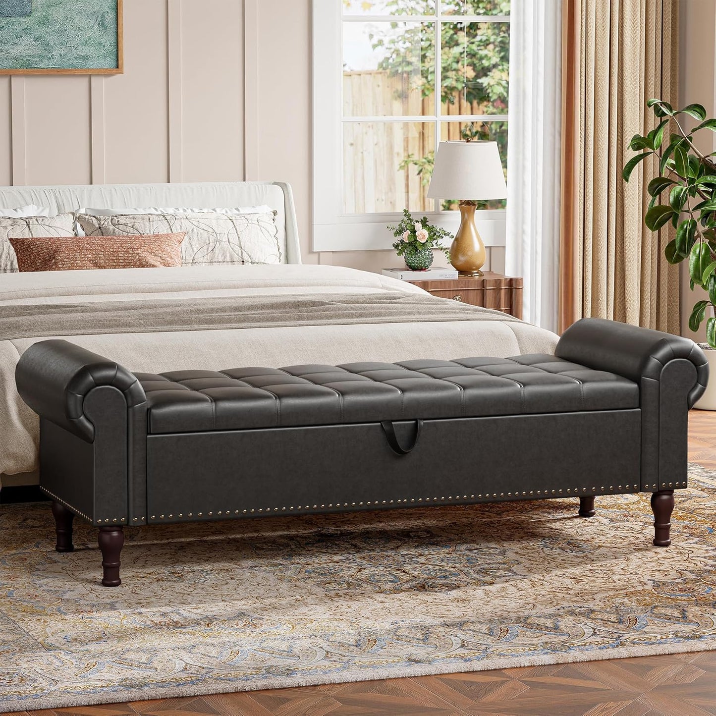 60" Storage Ottoman Bench for Bedroom, Full Queen Storage Bench with Button, Upholstered Bedroom Bench with Rolled Arms for Living Room, Storage Room, Entryway, Black