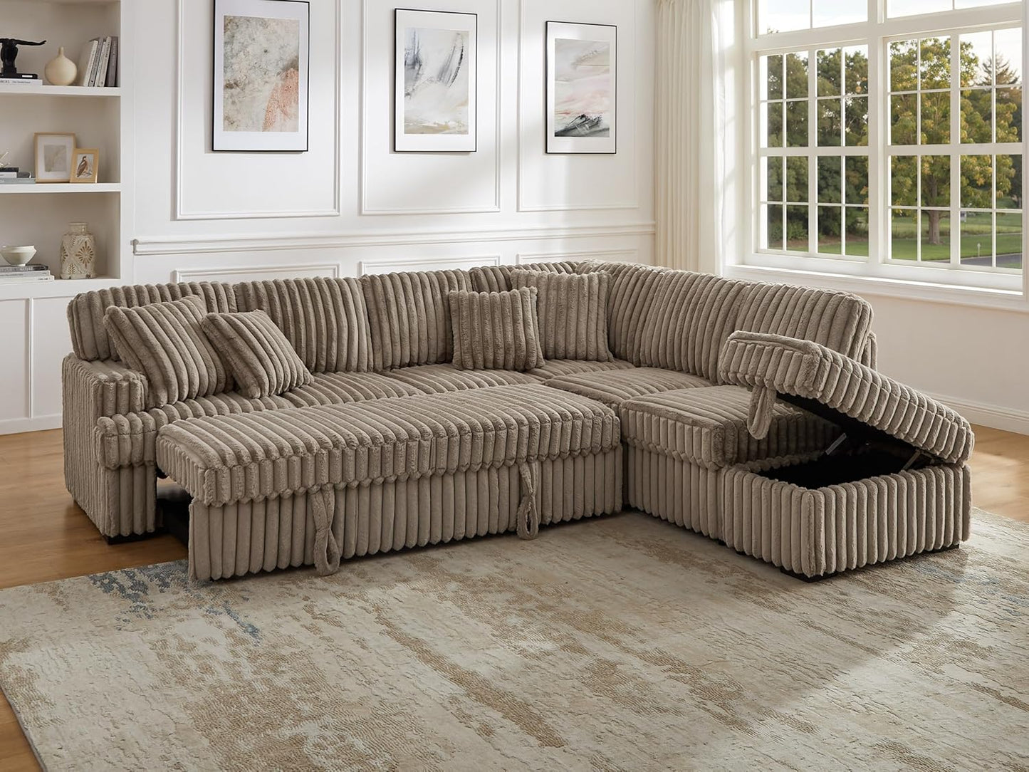 THSUPER 113-Inch Oversized L Shaped Plush Corduroy Fluffy Sectional Sleeper Sofa with Pull Out Bed and Storage Ottoman - Brown