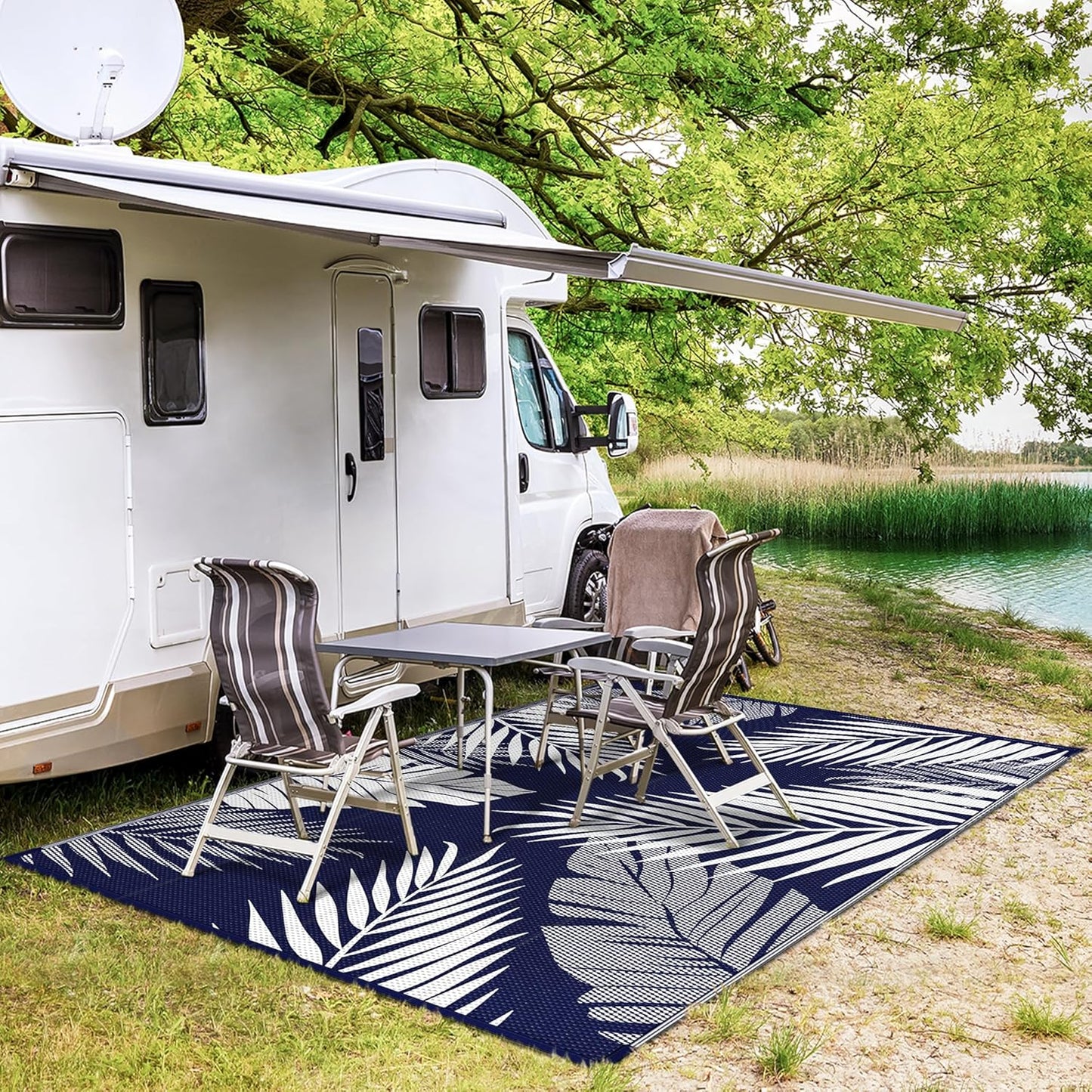 GENIMO Outdoor Rug 9' x 12' Waterproof for Patios Clearance, Reversible Outdoor Plastic Straw Camping Rug Carpet, Large Area Rugs Mats for RV, Camper, Deck, Balcony, Porch, Beach, Navy Blue&White