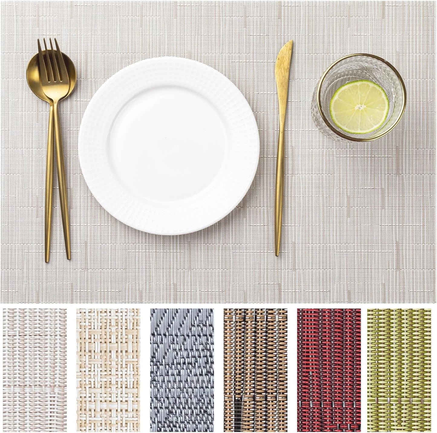LEXMORE Placemats Set of 6 Vinyl/Plastic Woven Place Mats for Kitchen Table Indoor/Outdoor Washable Placemat Wipeable Dining Table Mats(Pale Beige)