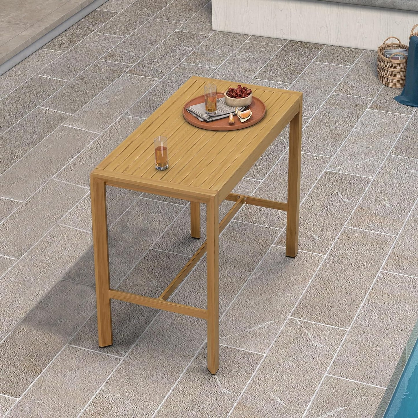 PURPLE LEAF 43.1'' Rectangle Outdoor Patio Bar Height Pub Table, Outside Aluminum Tall Kitchen Bar Table with Sturdy Legs for Bar Stool, Indoor and Outdoor, Garden, Teak