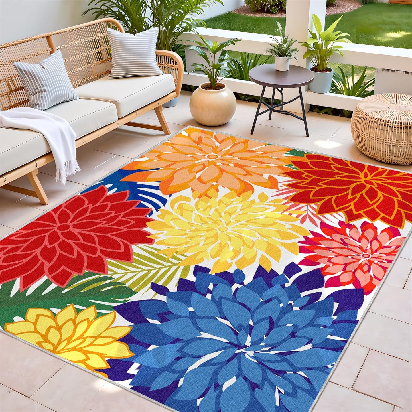 Indoor Outdoor Area-Rug Washable Multicolored Patio Rug Tropical Botanical Modern Floral Indoor Outdoor Carpet Non-Slip for Patio, Deck, Backyard, Porch (6x9)
