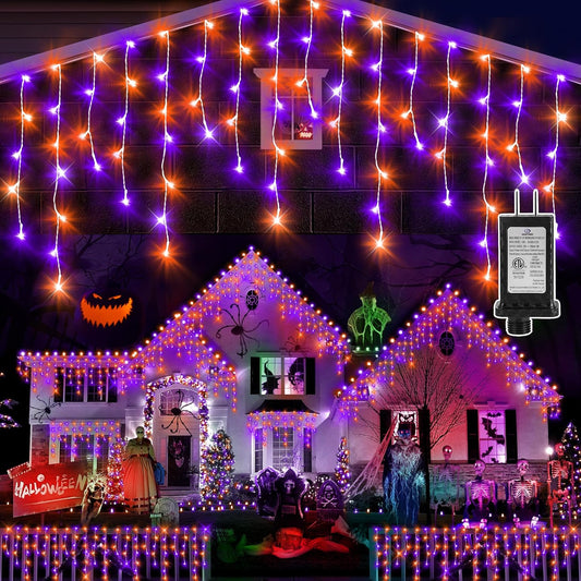 KNONEW Orange Purple Halloween Lights 33FT 400 LED String Lights Outdoor with 75 Drops, 8 Lighting Modes, Timer Memory Function Connectable Hanging Curtain Lights for Halloween Party Decor
