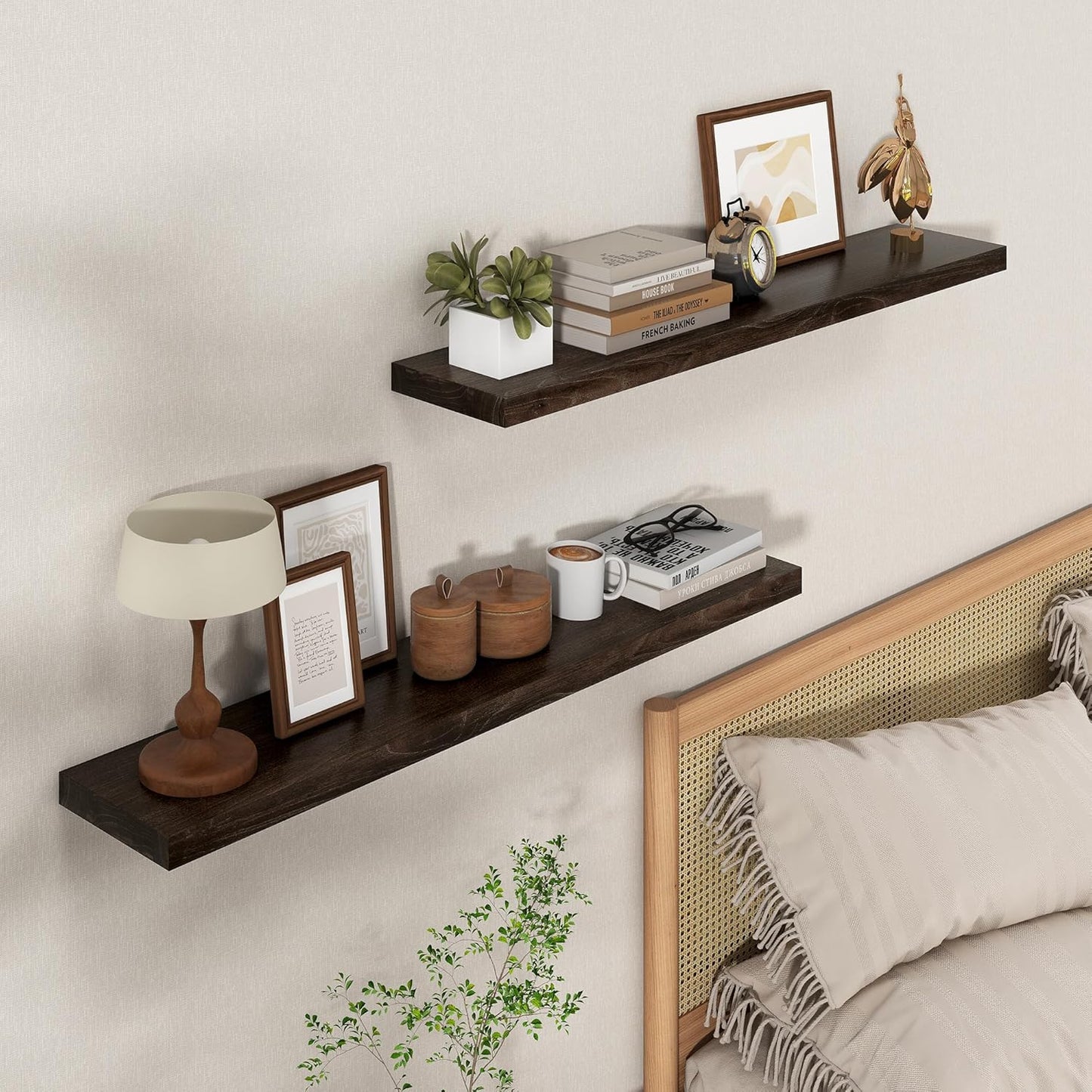 Axeman Floating Shelves for Wall - 40''W x 8'' D Rustic Solid Elm Wood Shelves for Storage, Wall Mounted Display Shelving with Invisible Heavy-Duty Metal Bracket (Walnut, 2PCs)