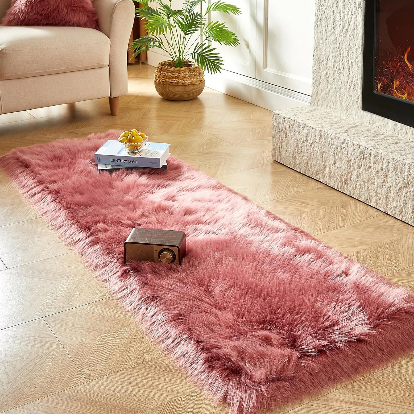 AMTOVO Faux Fur Rug, Blush Pink Ultra Soft Fluffy Shag Sheepskin Rug, 2 x 6 ft Runner Area Rugs for Bedroom Sofa Throw Cushion Room Decor, Rectangle