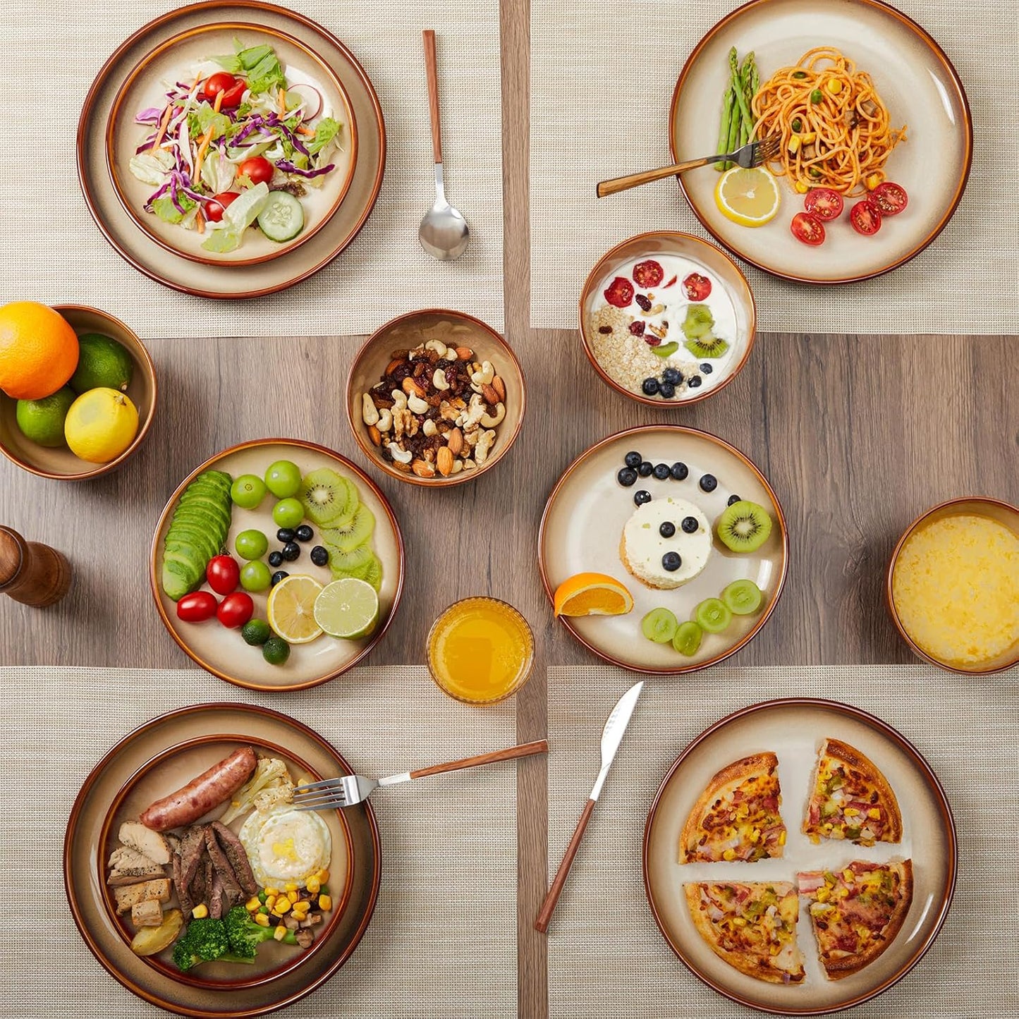 24 Piece Dinnerware Sets for 8, Modern Stoneware Plates and Bowls Sets, Perfect for Family Gatherings & Holiday Celebrations, Easy Cleaning Dish Set, Stack Compactly Dinner Set, Brown Yellow