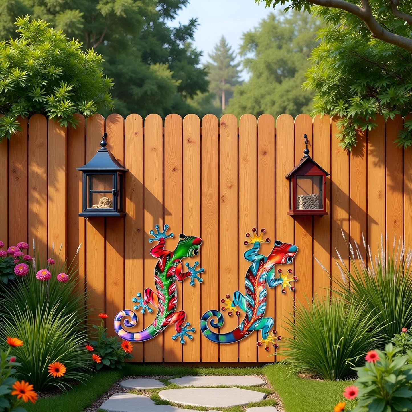 Set of 2 Large Metal Gecko Wall Decor, Outdoor Lizard Wall Art Upgrade Handmade Hanging Sculpture Decoration for Indoor Outdoor Home Garden Yard Fence Patio (2PC Large Gecko)