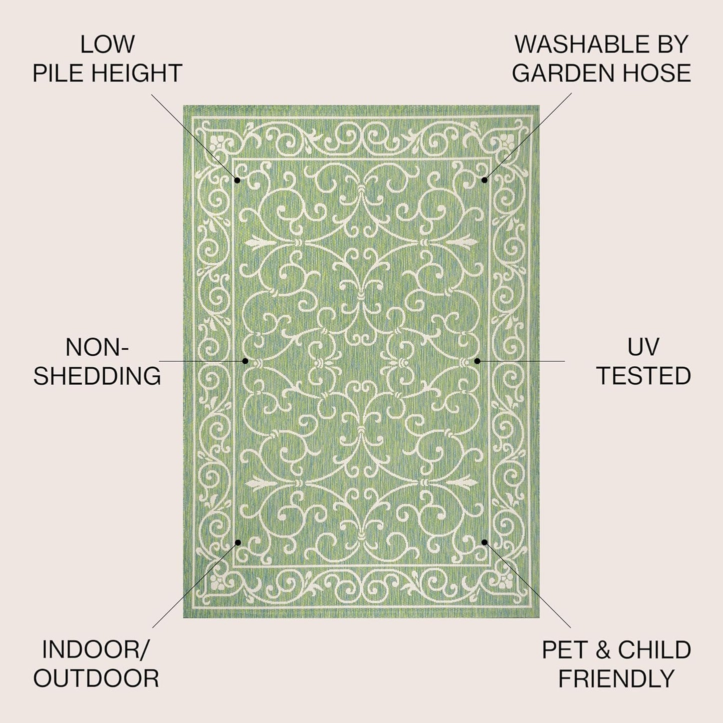 JONATHAN Y Vintage Filigree Indoor Outdoor Area Rug 9X12 Green/Ivory, Charleston Textured Weave for Backyard, Patio, Porch, Easy-Cleaning, High Traffic, Pet-Friendly, Non-Shedding (SMB106K-9)