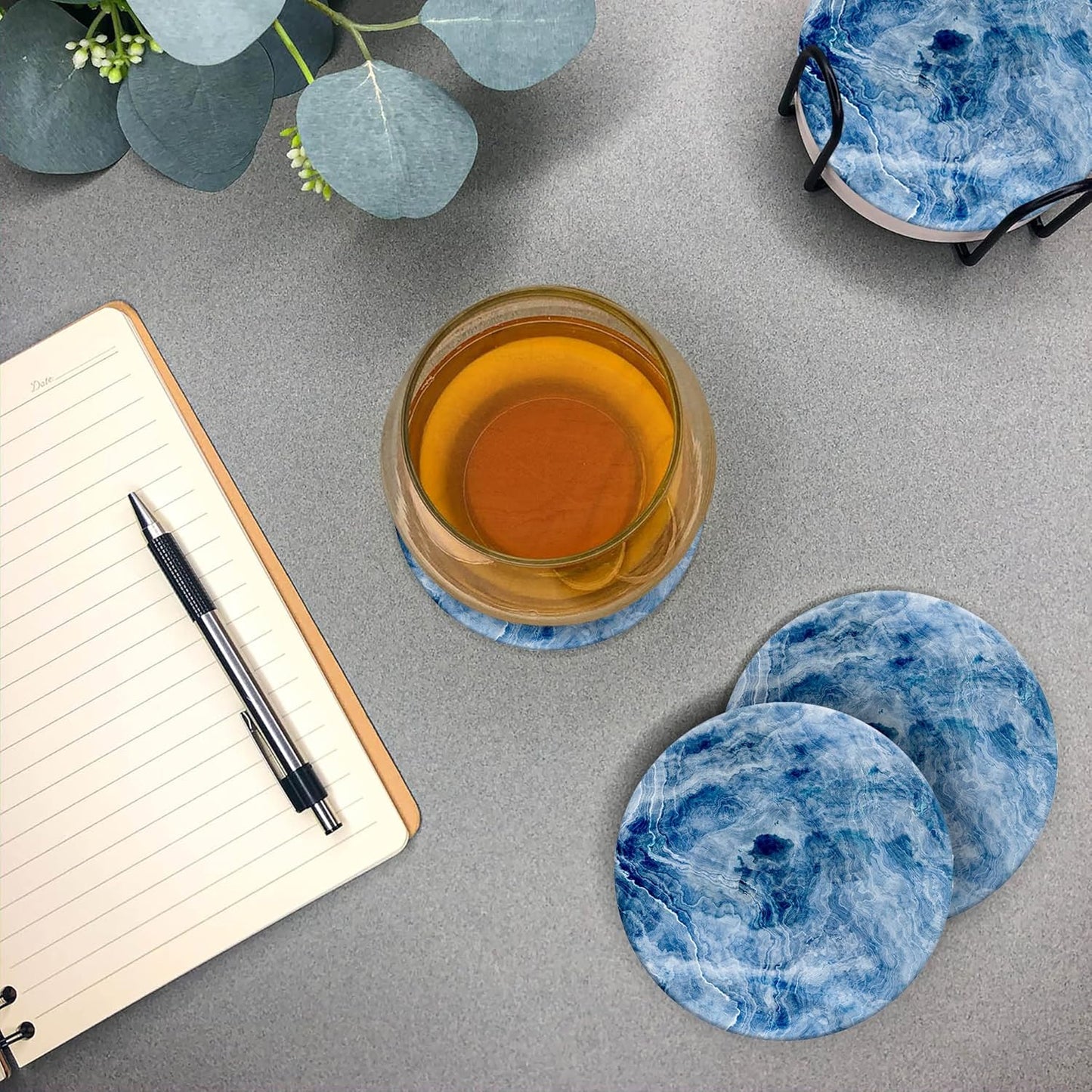 Emerson Coasters for Drinks Absorbent – Natural Stone Drink Coasters Set with Holder, Coasters for Coffee Table, Wooden Tabletop Protection Marble Style – 100% Heavy Duty Set of 6 (Glacier)