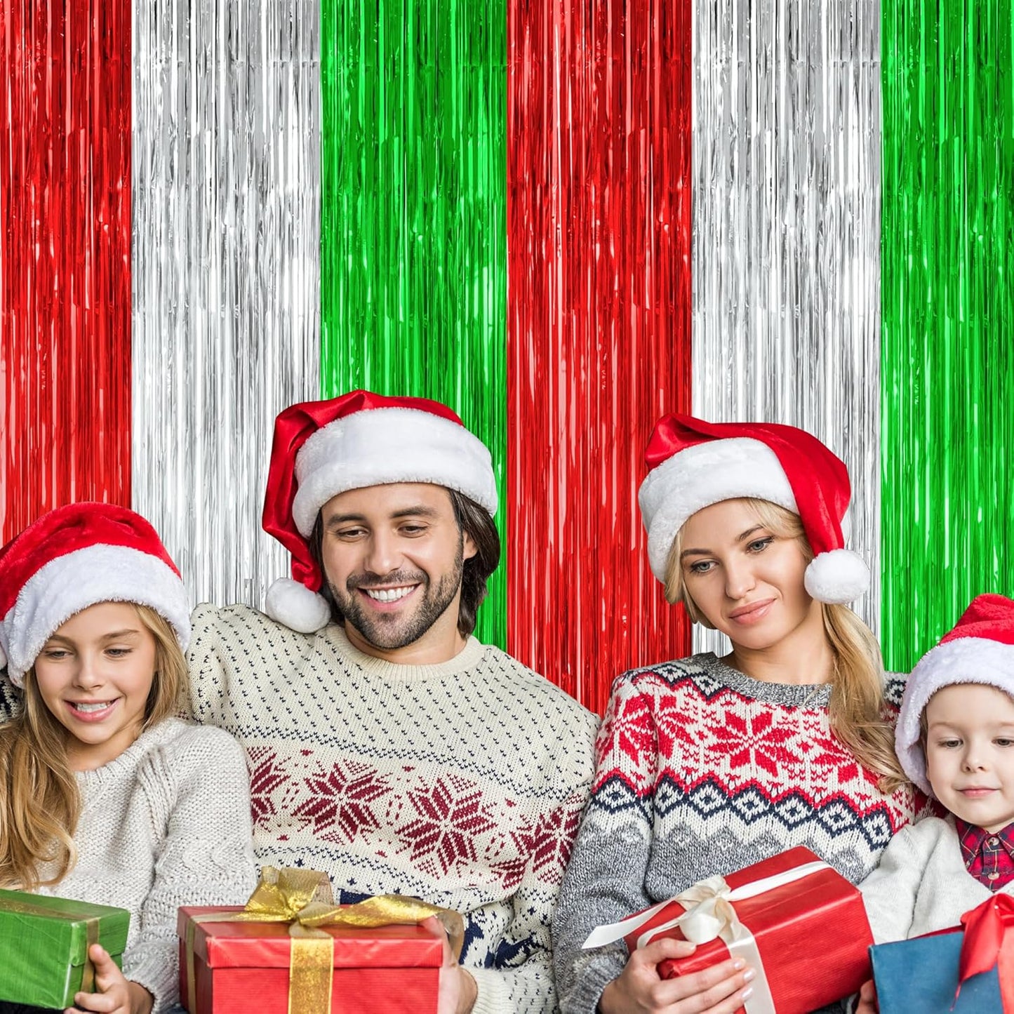 2 Pack Christmas Backdrop, 3.28 FT x 7.05 FT Red Silver Green Party Streamer, Metallic Xmas Backdrop Fringe Curtains Foil Tinsel, Christmas Decorations Wall Decor Photo Booth Props