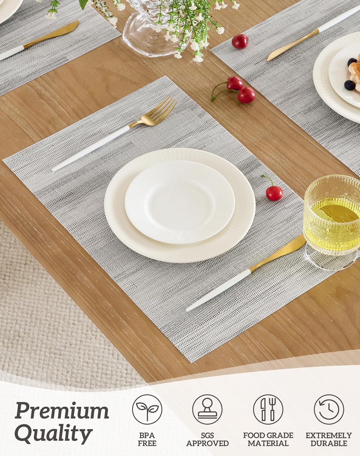 Leetaltree Lightsteel Black Placemats Set of 12 - Heat Resistant Non-Slip Place mats for Dining Table, Washable Durable PVC Vinyl Woven Table Mats (Lightsteel Black, 12)