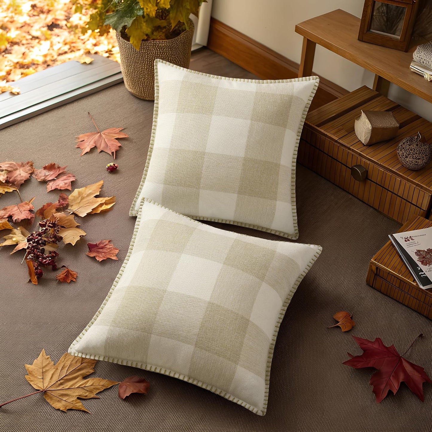 decorUhome Buffalo Plaid Check Fall Throw Pillow Covers 18x18 Set of 2, Outdoor Decorative Farmhouse Pillow Covers with Stitched Edge for Bed Couch Sofa, Cream White and Beige