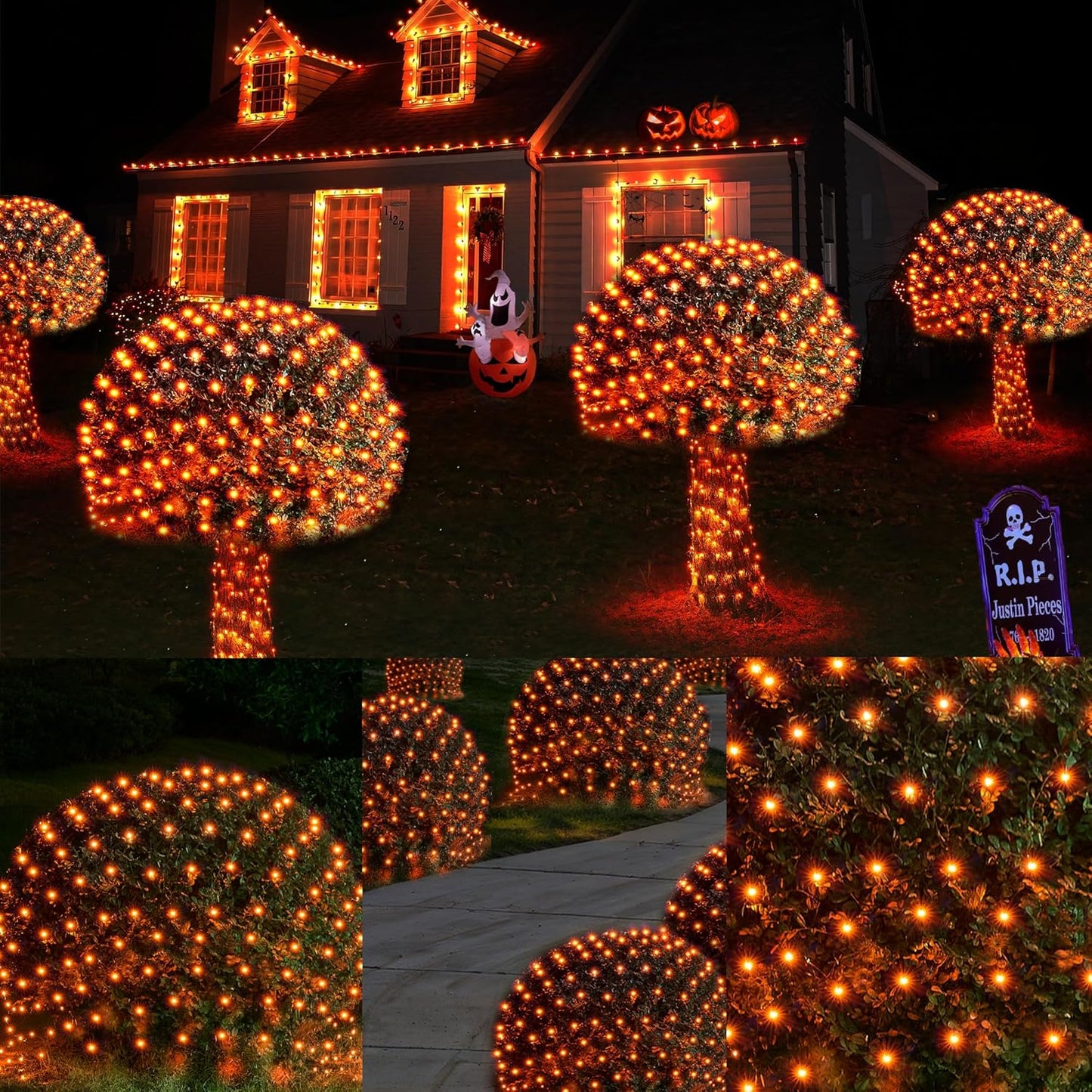 WBao Halloween Lights Outdoor 200LED F8 Big Bulbs, 8.4ft x 5.2ft Halloween Net Lights with 8 Modes, Timer, Connectable, Waterproof & Dark Green Wire for Lawn, Bushes, Trees Outdoor Decorations, Orange