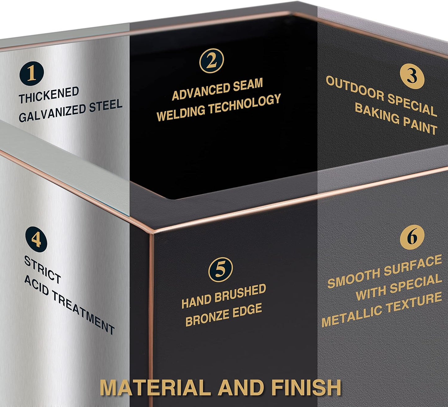 Metallic Heavy Planter for Outdoor Plants, 14Lx14Wx30H Inches, Tall Metal Planter Box with Hand Brushed Gold Edge for Outside & Indoor, 25 Pounds, No Assembly and Seamless, Set of 2 (Black)