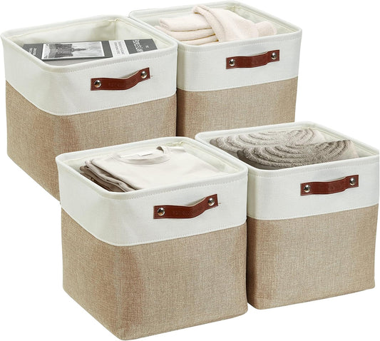 DECOMOMO 13 Inch Cube Storage Bins, Fabric Storage Cube, Basket for Kallax Shelves (Beige & White, Cube 13" - 4 Pack)