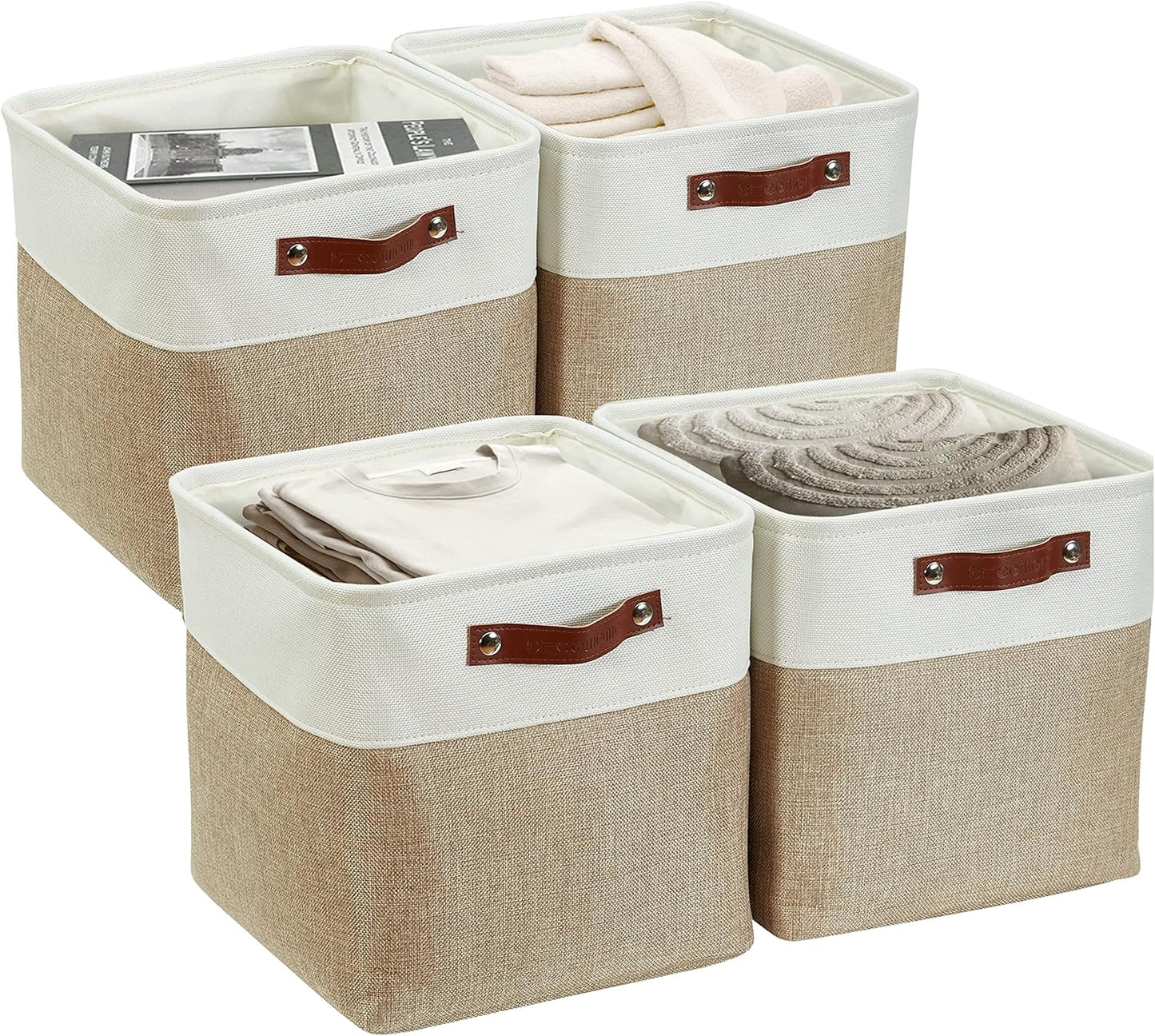 DECOMOMO Storage Cubes, 11x11 Cube Storage Bins, Baskets for Shelves (Beige & White, Cube 11" - 4 Pack)