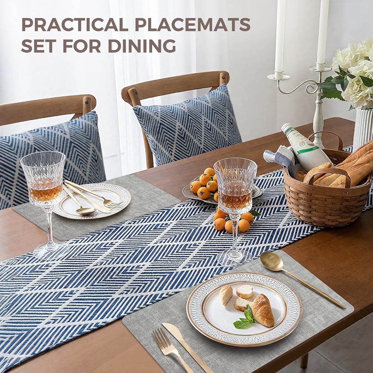 Vinyl Placemats Set of 6, Faux Leather Waterproof and Heat Resistant Place Mats, Washable Anti-Slip Table Mats with Coaster, Wipeable Placemats for Indoor & Outdoor 17" x 12" (Light Grey, Set of 6)