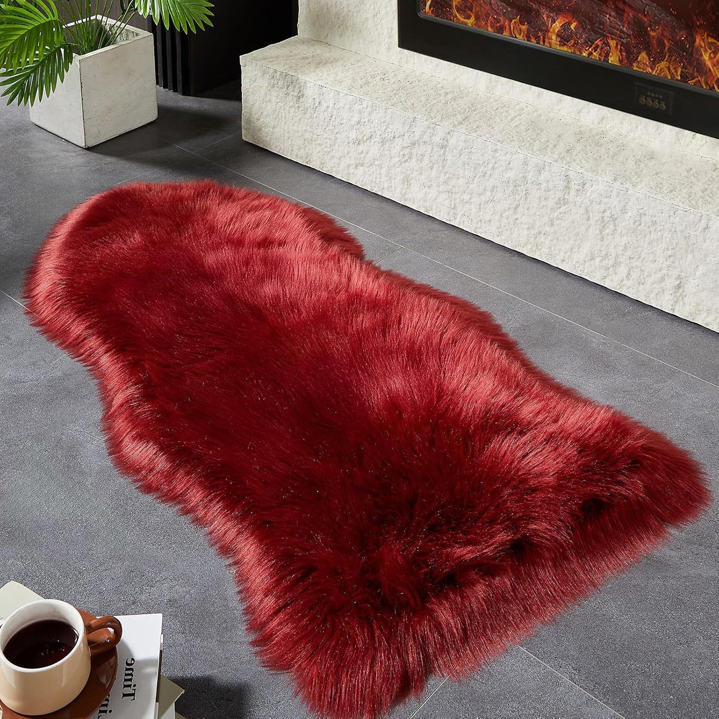 AMTOVO Faux Fur Rug, Burgundy Area Rug, Fluffy Sheepskin Rug, Fuzzy Ultra Soft 2 x 4 ft Shag Rugs for Bedroom Sofa Throw Cushion Room Decor, Sheepskin