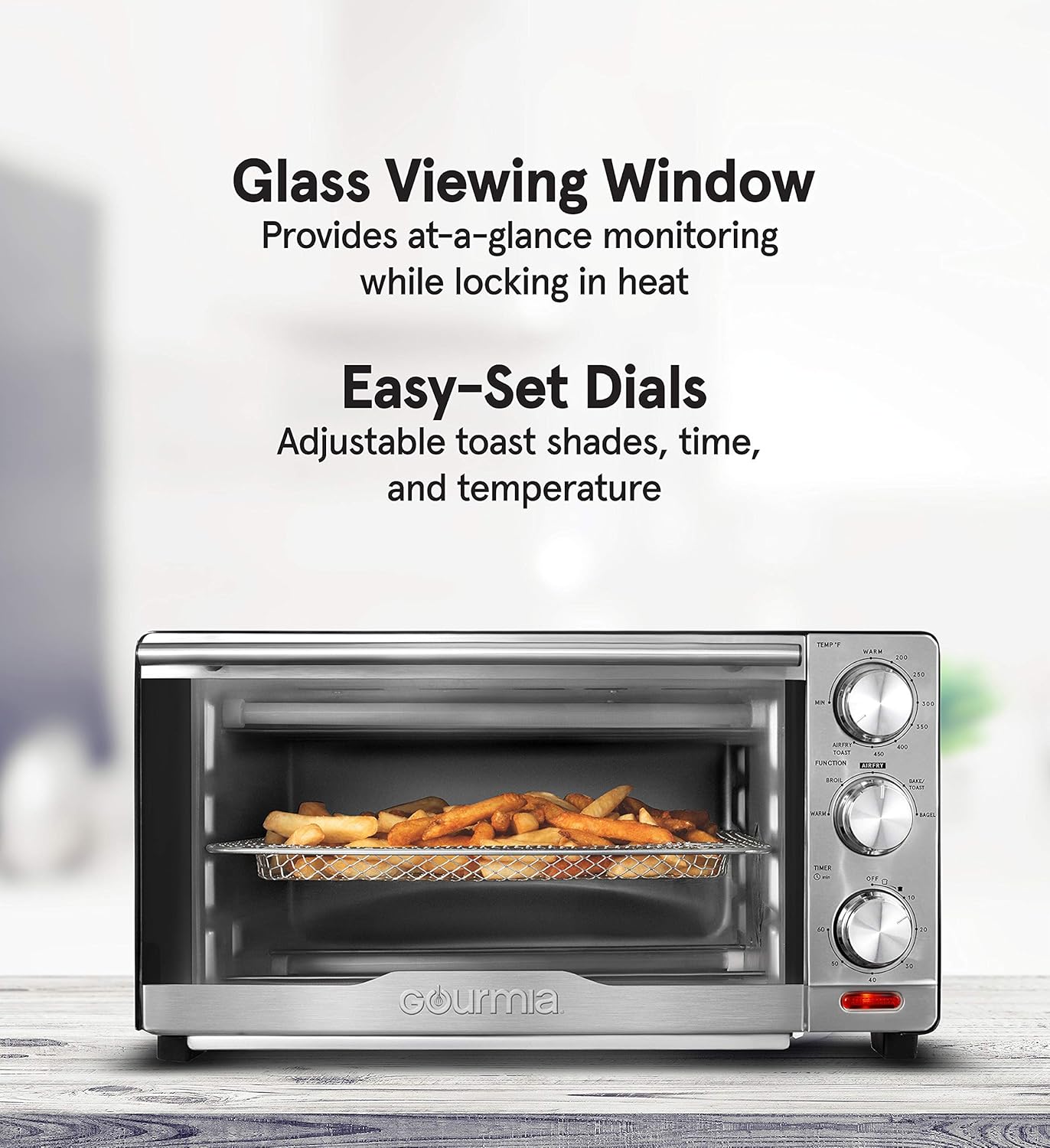 Gourmia GTF7350 6-in-1 Multi-function, Stainless Steel Air Fryer Oven - 6 Cooking Functions - Fry Basket, Oven Rack, Baking Pan & Crumb Tray, Included + Recipe Book