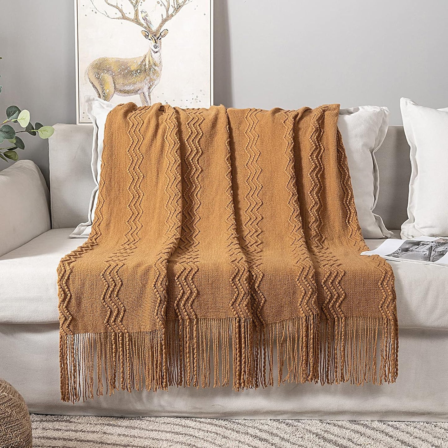 MIULEE Knitted Brown Throw Blanket for Couch,Boho Bed Decor Knit Outdoor Blankets Throw Size with Tassels Cozy Woven for Sofa Home Chair Wave Pattern 50" x 60" Inches