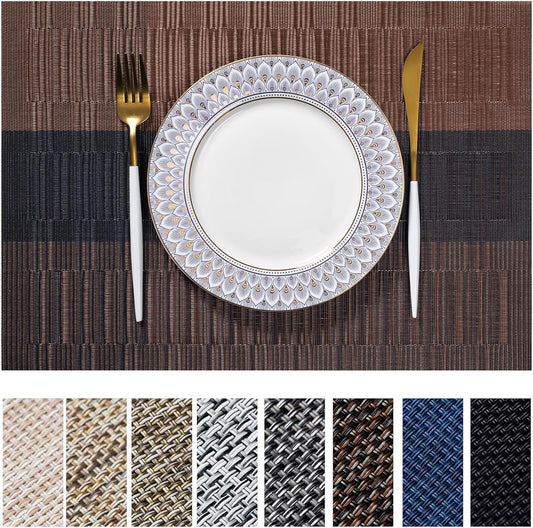 LEXMORE PlaceMats Set of 12 Vinyl/Plastic Woven Place Mats for Kitchen Table Indoor/Outdoor Washable PlaceMat Wipeable Dining Table Mats(Ombre Brown Black)