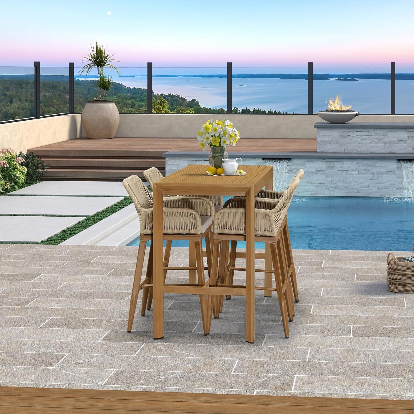 PURPLE LEAF 43.1'' Rectangle Outdoor Patio Bar Height Pub Table, Outside Aluminum Tall Kitchen Bar Table with Sturdy Legs for Bar Stool, Indoor and Outdoor, Garden, Teak