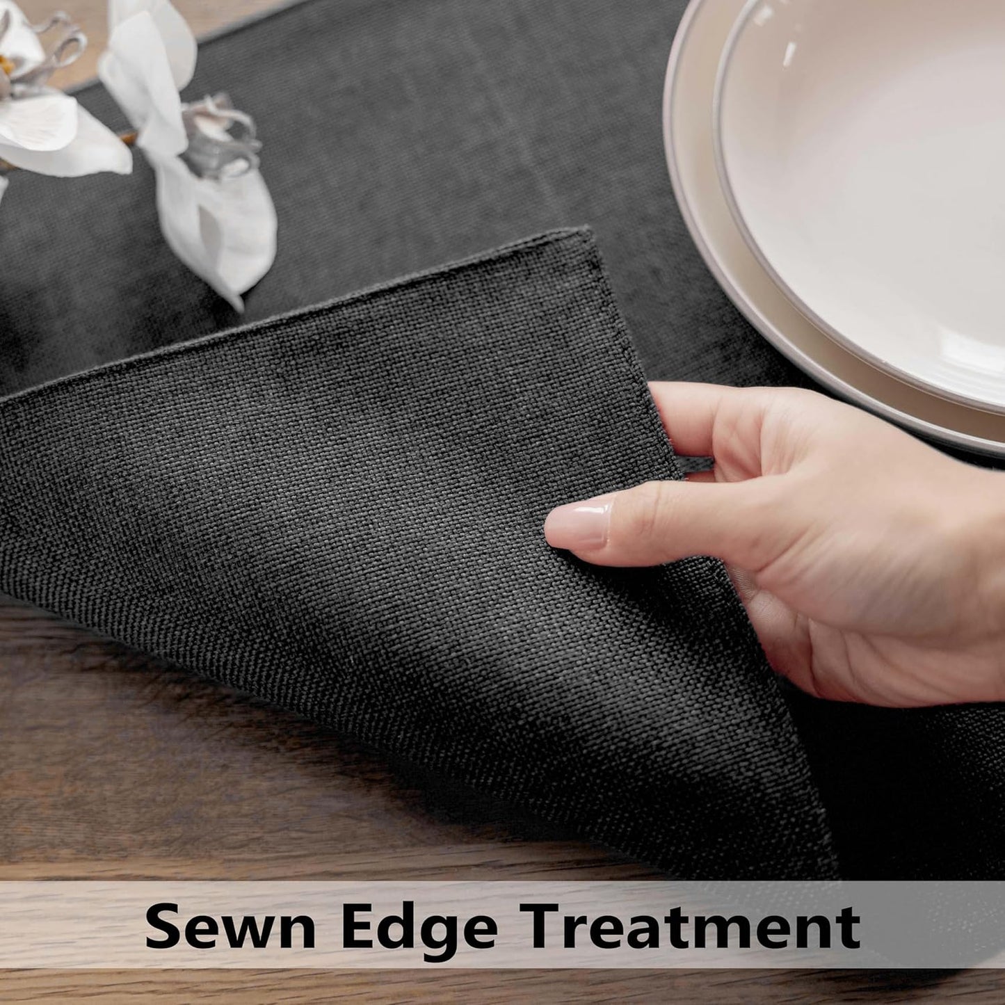 Demetex Black Placemats Set of 4 Stain Resistant Cloth Place Mats Heat Resistant Linen Table Plate Mats for Kitchen Dining Party Gathering, Black