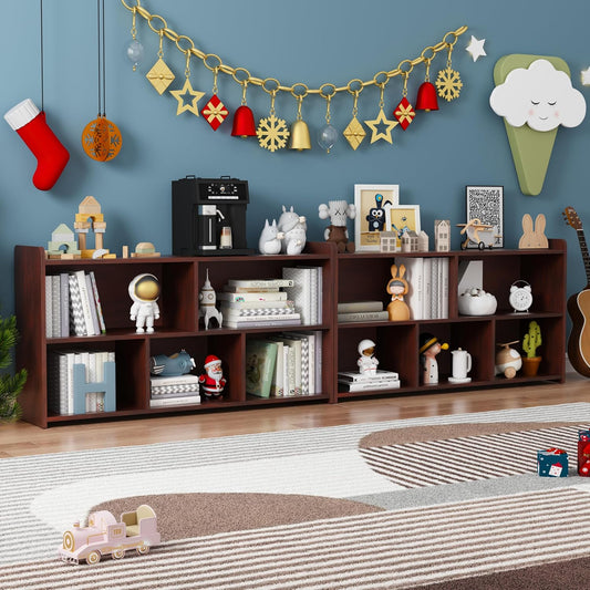 Book Shelf Set of 2, 5 Cubes Storage Organizer, Open Shelf Wooden Bookcase, Freestanding Cherry Bookshelf Cube Shelf for Bedroom, Living Room, Home Office