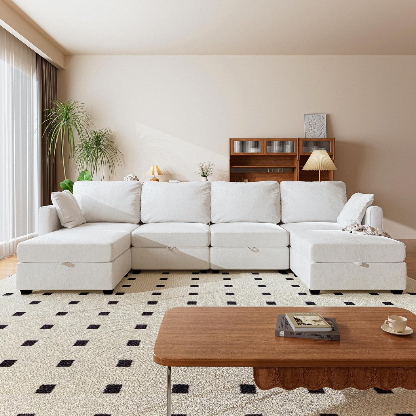 mestyl Modular Sectional Sofa Convertible U Shaped Sofa Couch Set with Storage for Living Room, Modern 4 Seater Modular Sectional Couch with 2 Movable Ottoman (Beige)