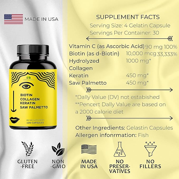Biotin Vitamins with Collagen, Keratin & 10000 mcg 120 Capsules