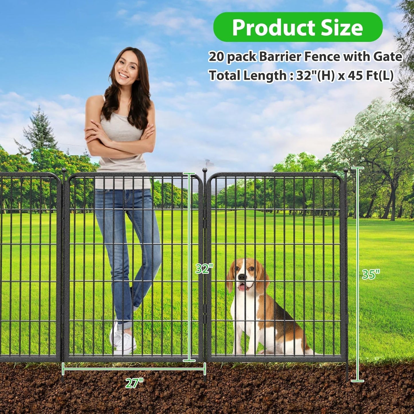 Decorative Black Metal Fencing Garden Fence with Gate, 46ft(L) 32in(H) 20 Fence Panels No Dig Fence Rustproof Animal Barrier Fence Temporary Dog Panels Fencing Outdoor