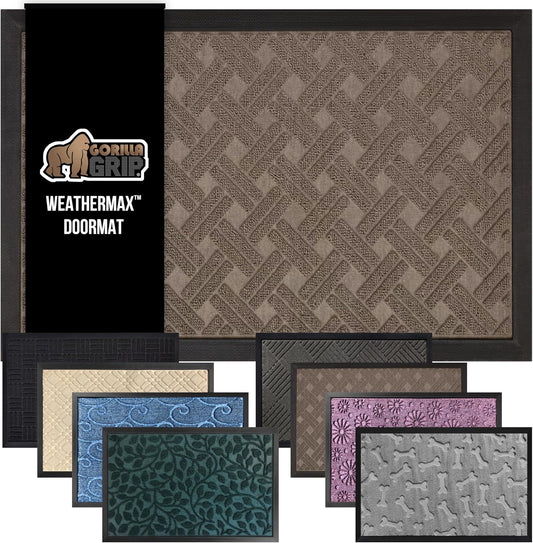 GORILLA GRIP 100% Waterproof All-Season WeatherMax Doormat, 72x24, US Designed Natural Rubber, Stain and Fade Resistant, Low Profile Indoor Outdoor Door Mats, Easy Clean Patio Mat, Taupe Basket Weave