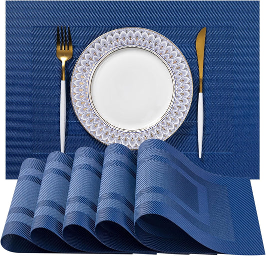 LEXMORE Placemats Set of 8 Vinyl/Plastic Woven Place Mats for Kitchen Table Indoor/Outdoor Washable Placemat Wipeable Dining Table Mats(Navy Cube)