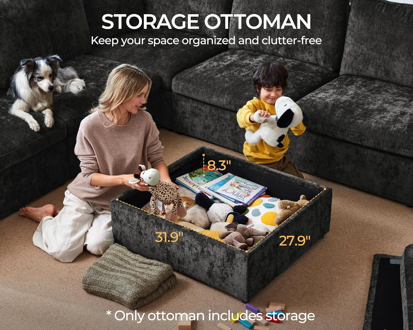 Oversized Modular Sofa Comfy Cloud Couch with Storage, Extra Deep Plush Sectional Sofa Set for Living Room, Covers Washable, Chenille, Olar (Black, 6-seatser with Corner & Ottoman, v-Shaped)