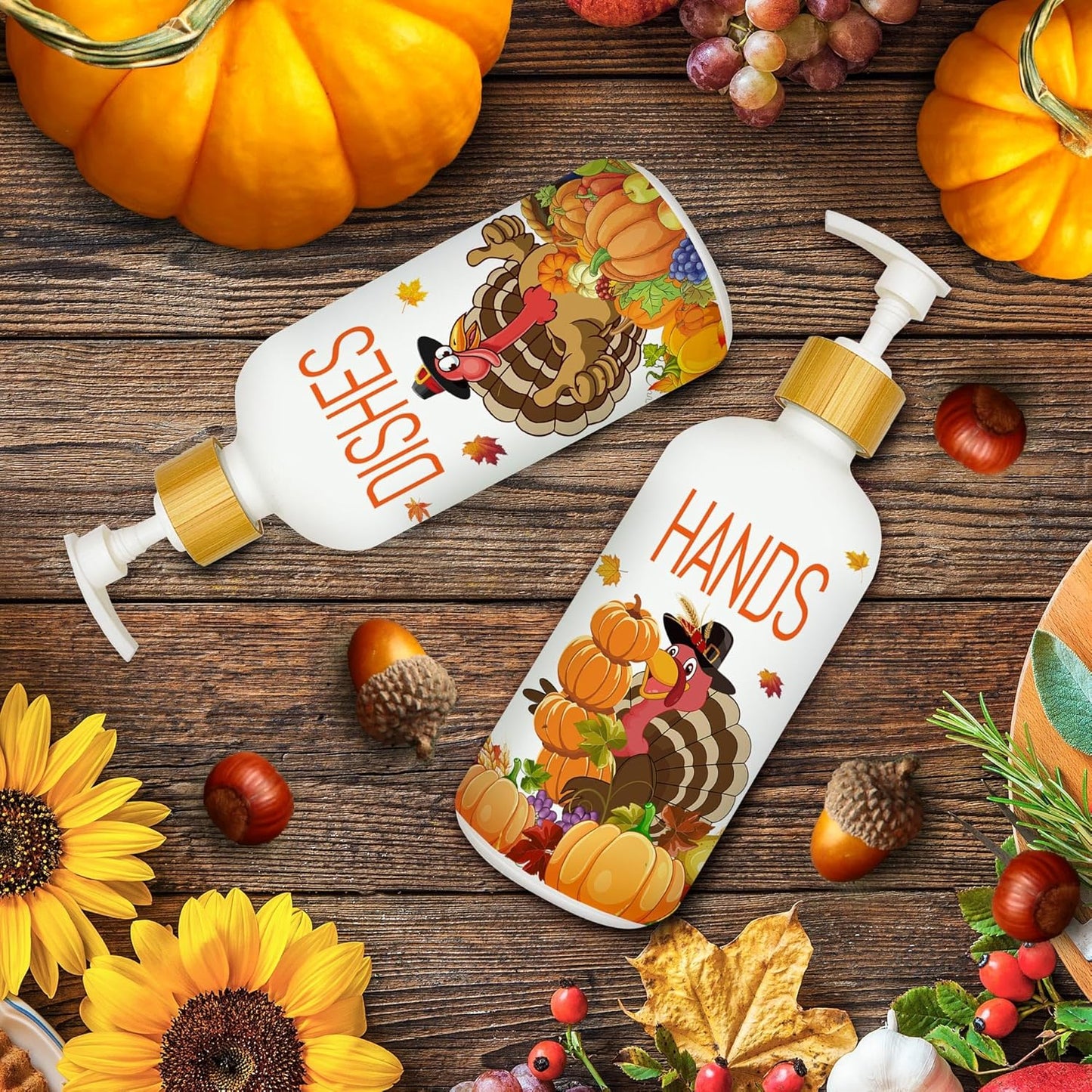 Hexagram Thanksgiving Decorations Indoor, Thanksgiving Kitchen Soap Dispenser Set of 2, Turkey Glass Soap Dispenser for Home Decor, Turkey Refillable Lotion Essential Oil Dispensers with Pump