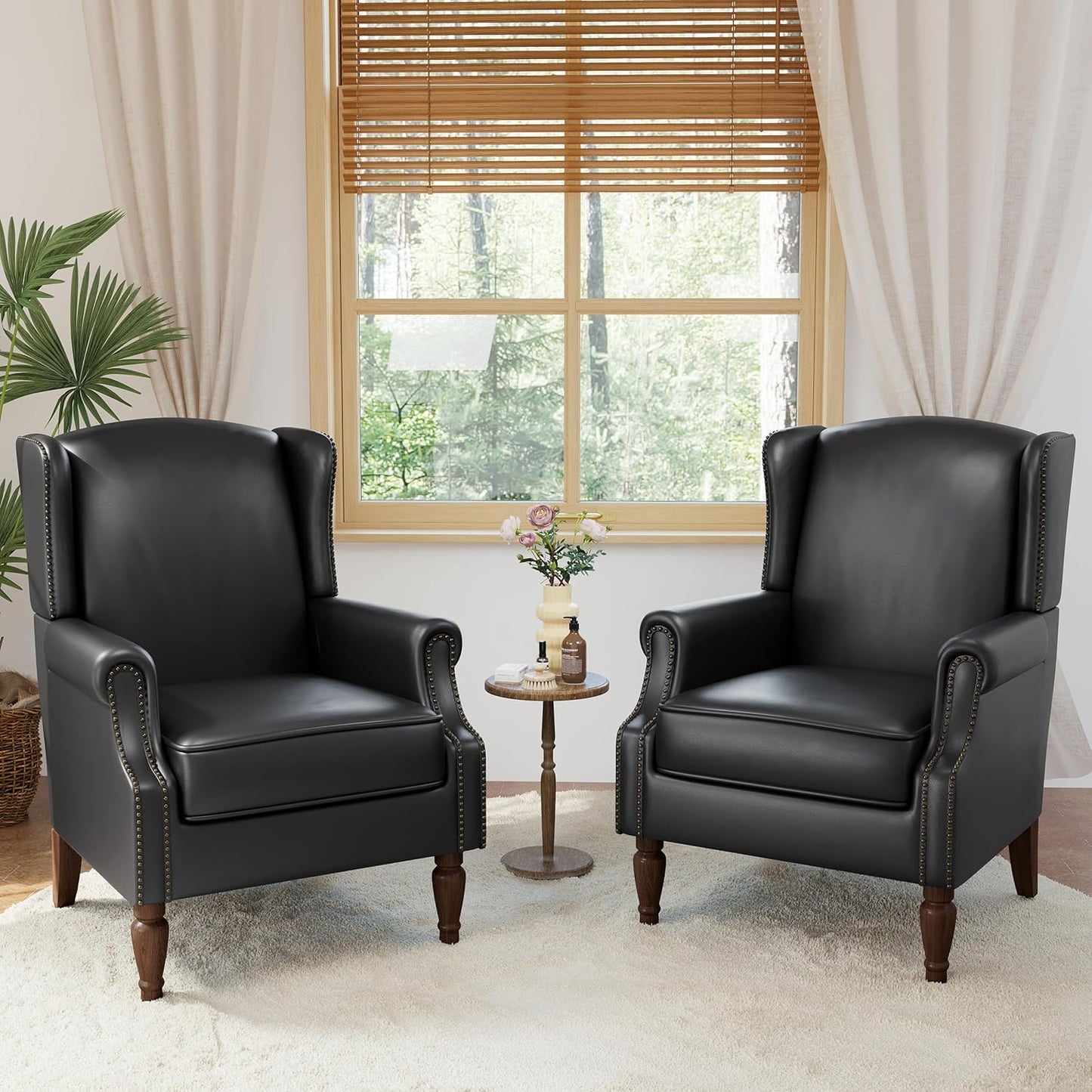 Accent Chairs, Faux Leather High Back Armchair Set of 2 or Living Room, Comfy Upholstered Single Sofa Reading Chairs with Solid Wood Legs for Office, Bedroom, Waiting Room-Black